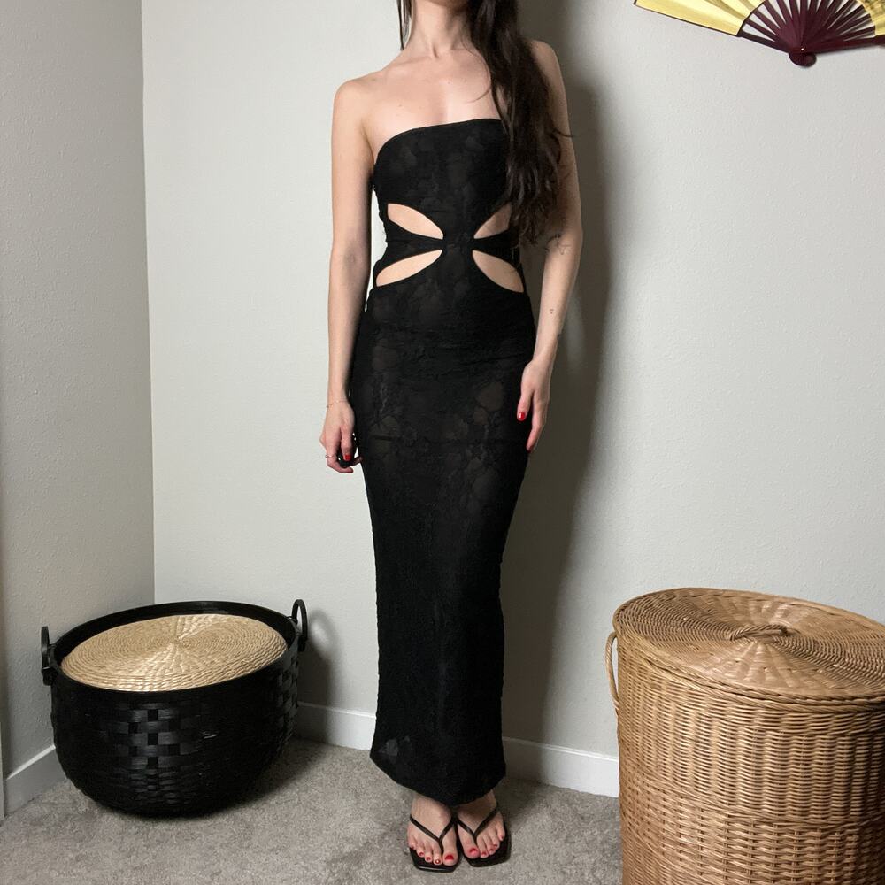 meshki black sheer lace fitted cutout bodycon strapless maxi dress gown